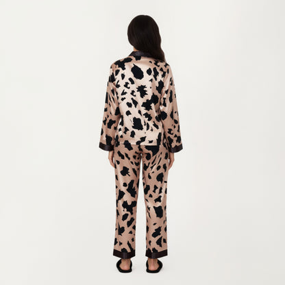Anna-Kaci Women's 2-Piece Satin Pajama Set with Animal Print Button-Up Top and Straight-Leg Pants