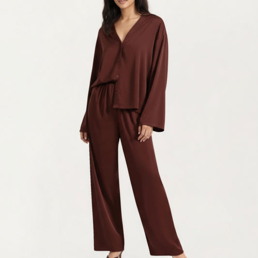 Anna-Kaci Women's 2-Piece Satin Pajama Set with Button-Down Long Sleeve Top and Relaxed Wide-Leg Pants