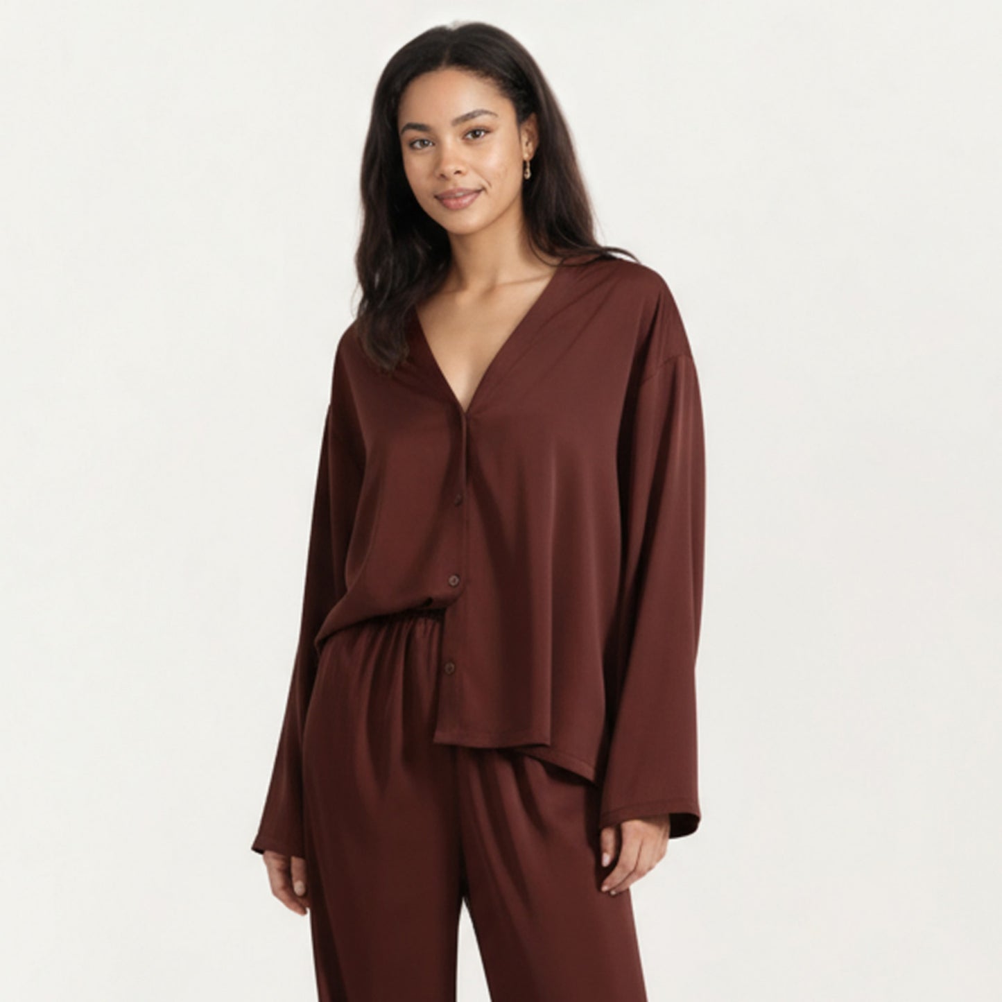 Anna-Kaci Women's 2-Piece Satin Pajama Set with Button-Down Long Sleeve Top and Relaxed Wide-Leg Pants