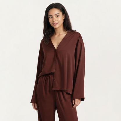 Anna-Kaci Women's 2-Piece Satin Pajama Set with Button-Down Long Sleeve Top and Relaxed Wide-Leg Pants