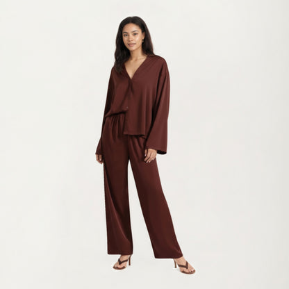Anna-Kaci Women's 2-Piece Satin Pajama Set with Button-Down Long Sleeve Top and Relaxed Wide-Leg Pants
