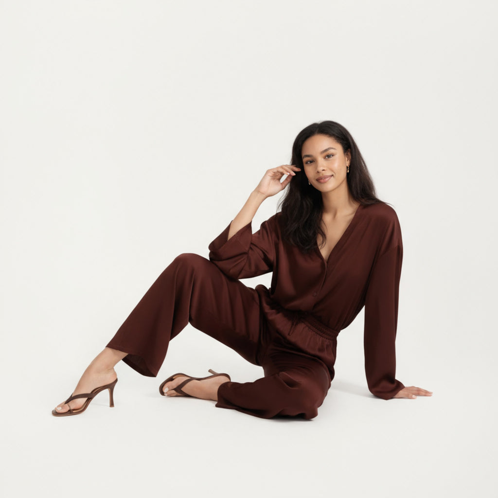 Anna-Kaci Women's 2-Piece Satin Pajama Set with Button-Down Long Sleeve Top and Relaxed Wide-Leg Pants