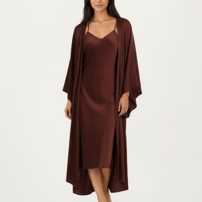 Anna-Kaci Women's 2-Piece Satin Slip Dress and Kimono Robe Set with Flowing Draped Silhouette