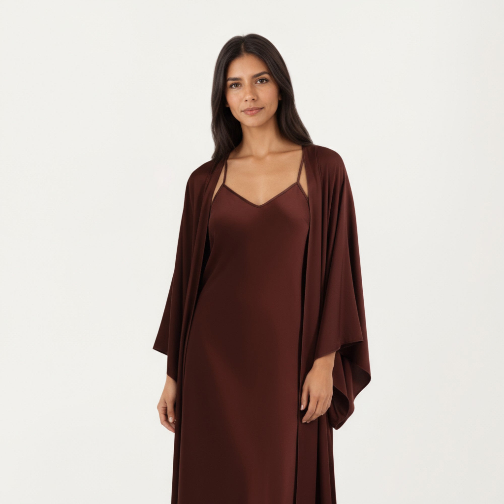 Anna-Kaci Women's 2-Piece Satin Slip Dress and Kimono Robe Set with Flowing Draped Silhouette