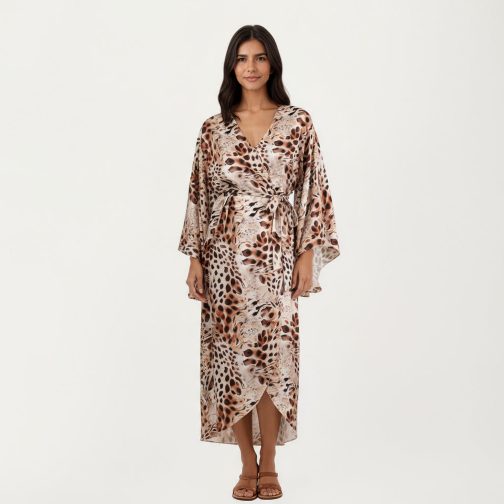 Anna-Kaci Women's 2-Piece Satin Slip Dress and Kimono Robe Set with Flowing Draped Silhouette