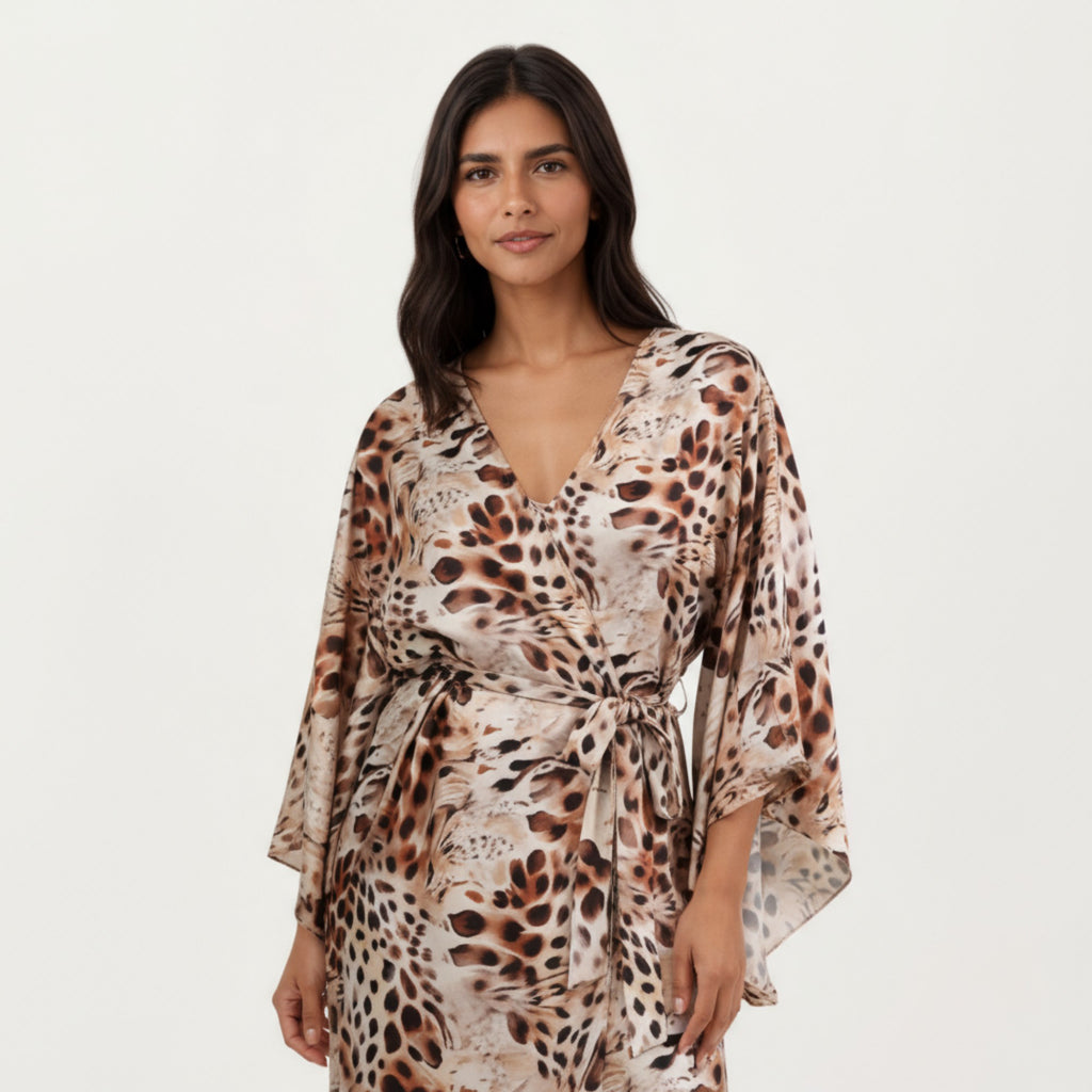 Anna-Kaci Women's 2-Piece Satin Slip Dress and Kimono Robe Set with Flowing Draped Silhouette
