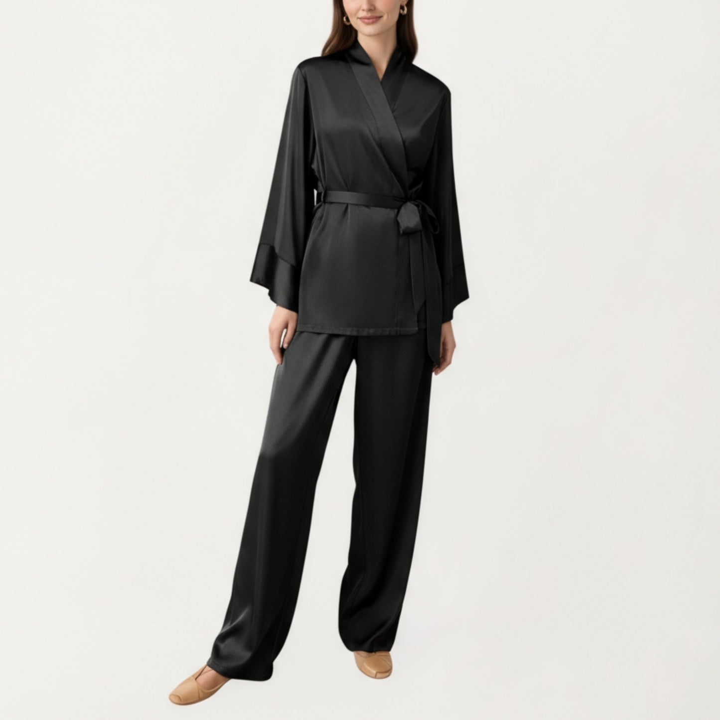 Anna-Kaci Women's 2-Piece Satin Pajama Set with Kimono Sleeve Wrap Top and Wide-Leg Pants