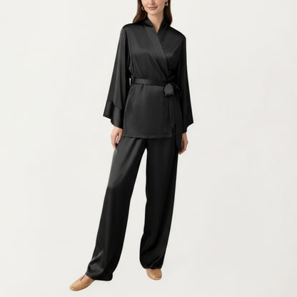 Anna-Kaci Women's 2-Piece Satin Pajama Set with Kimono Sleeve Wrap Top and Wide-Leg Pants