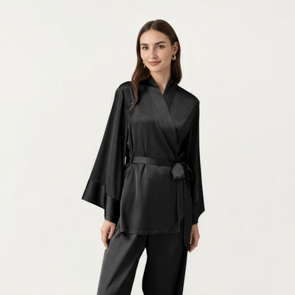 Anna-Kaci Women's 2-Piece Satin Pajama Set with Kimono Sleeve Wrap Top and Wide-Leg Pants