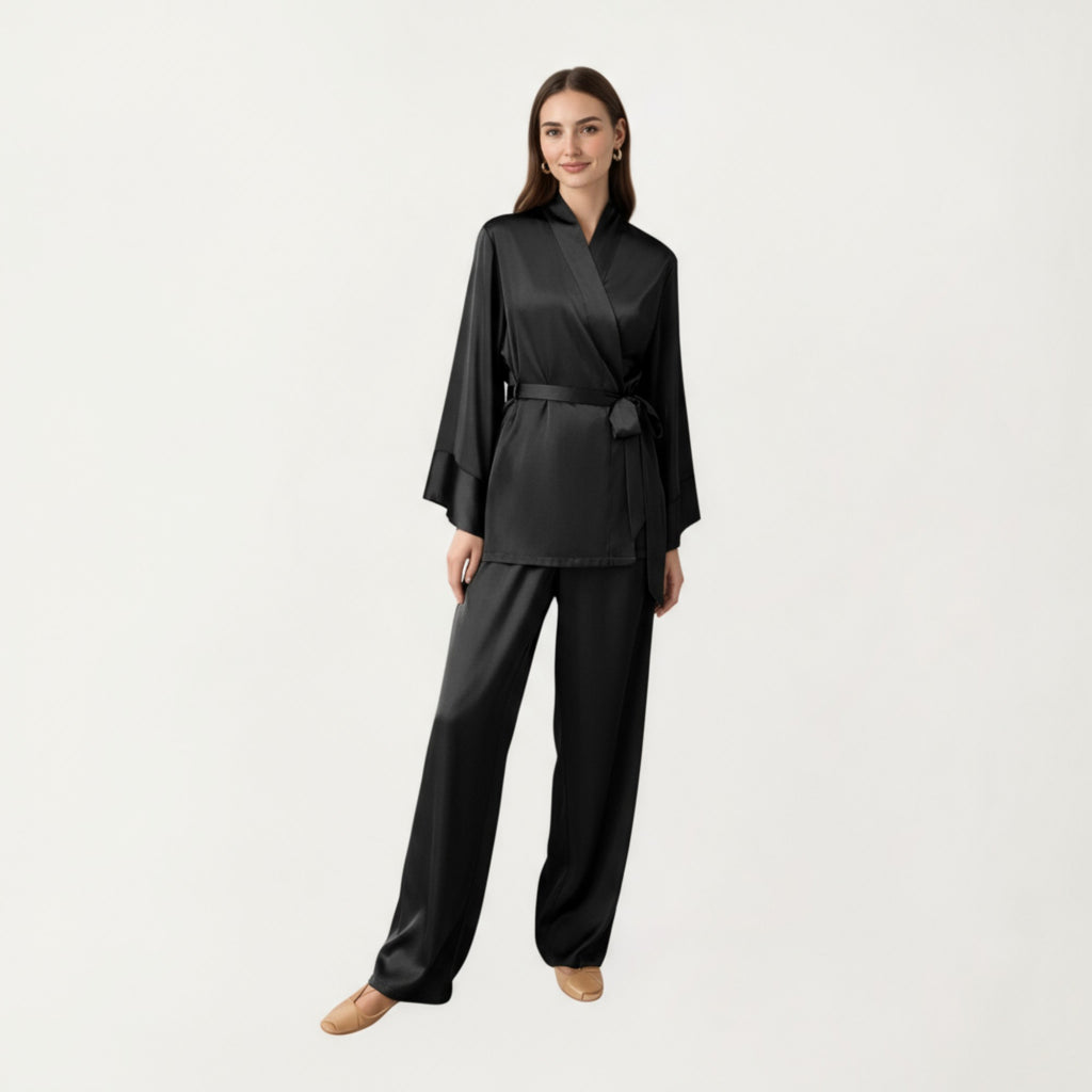 Anna-Kaci Women's 2-Piece Satin Pajama Set with Kimono Sleeve Wrap Top and Wide-Leg Pants