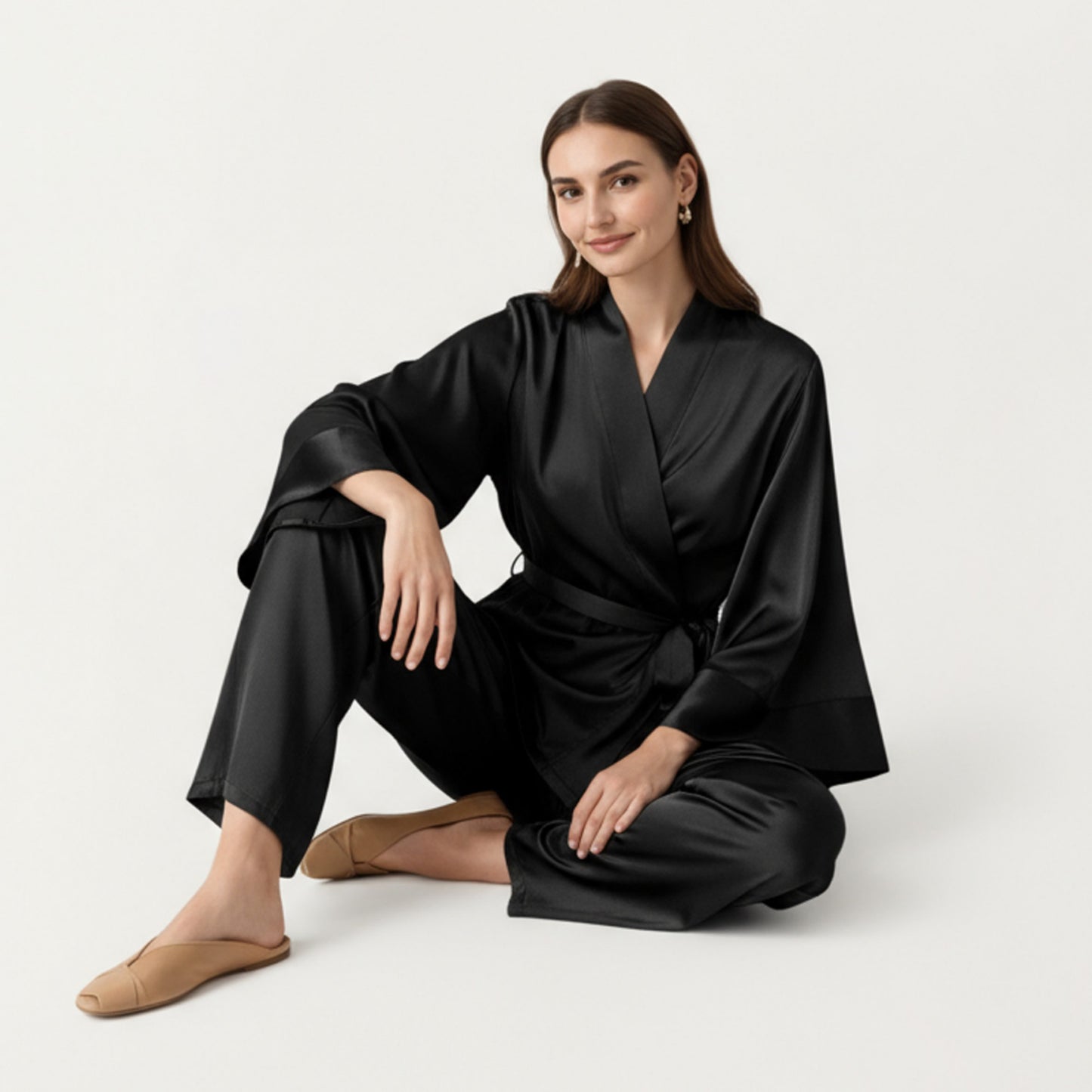 Anna-Kaci Women's 2-Piece Satin Pajama Set with Kimono Sleeve Wrap Top and Wide-Leg Pants