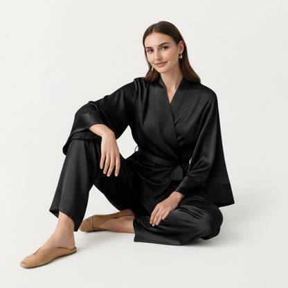 Anna-Kaci Women's 2-Piece Satin Pajama Set with Kimono Sleeve Wrap Top and Wide-Leg Pants