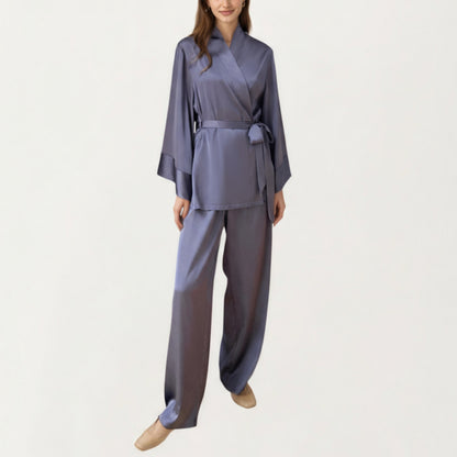 Anna-Kaci Women's 2-Piece Satin Pajama Set with Kimono Sleeve Wrap Top and Wide-Leg Pants