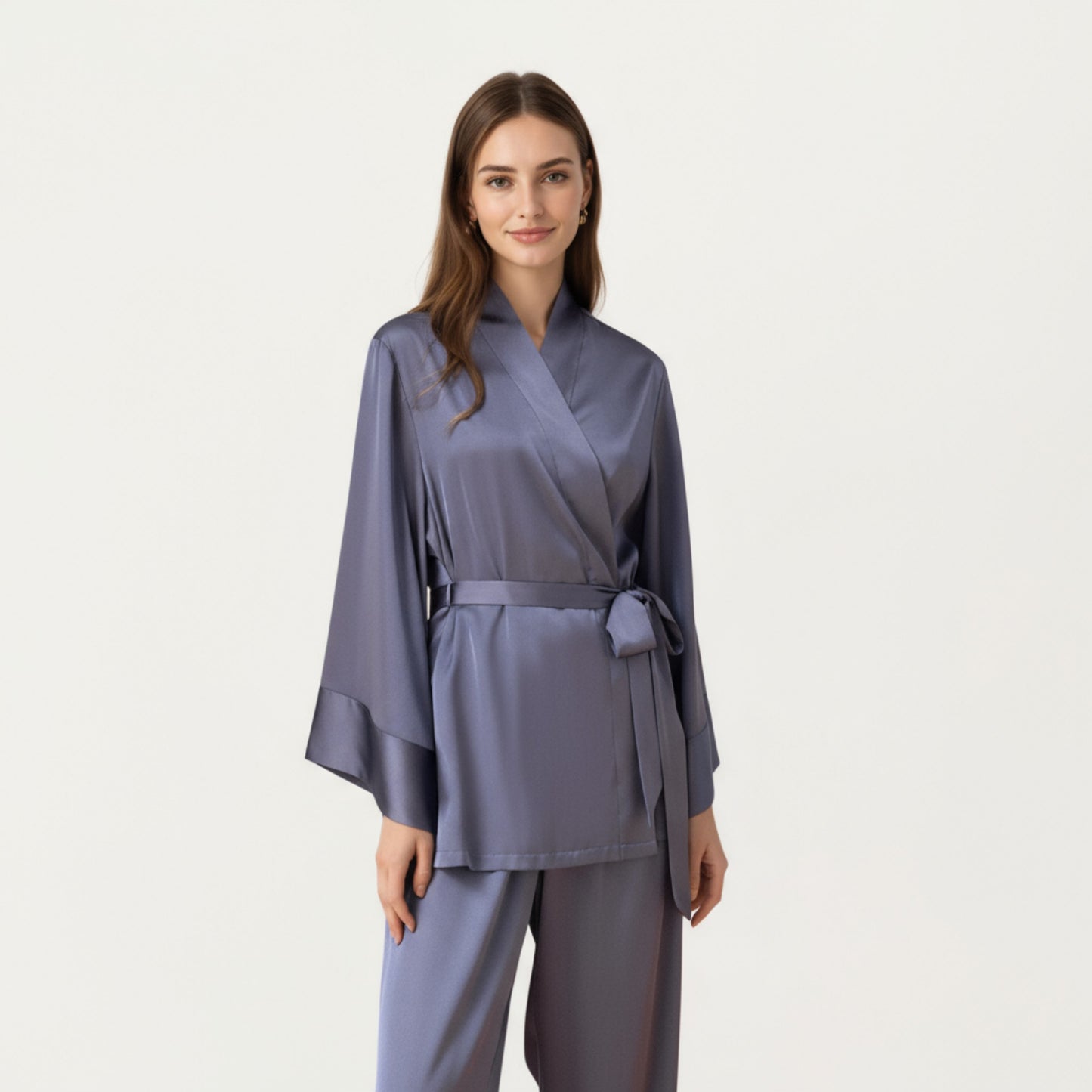 Anna-Kaci Women's 2-Piece Satin Pajama Set with Kimono Sleeve Wrap Top and Wide-Leg Pants