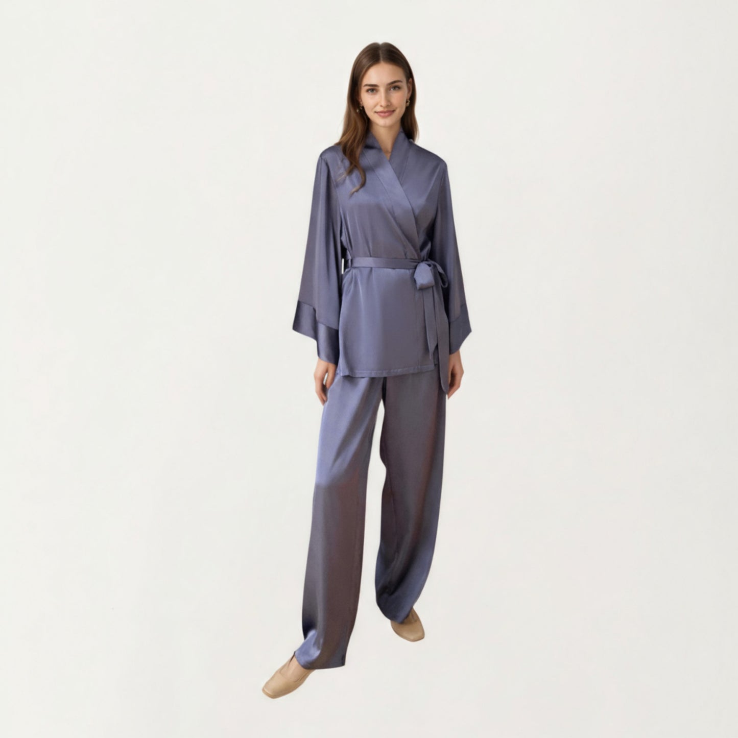Anna-Kaci Women's 2-Piece Satin Pajama Set with Kimono Sleeve Wrap Top and Wide-Leg Pants
