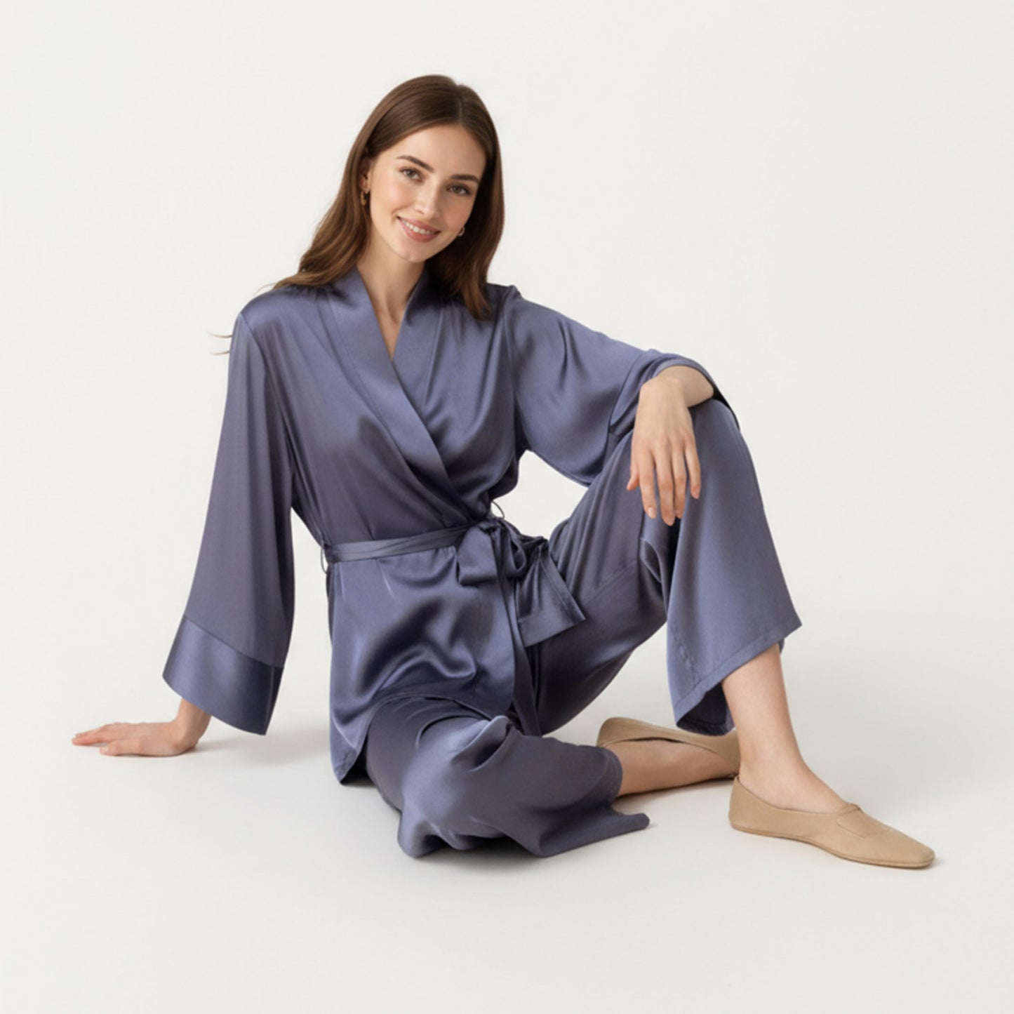 Anna-Kaci Women's 2-Piece Satin Pajama Set with Kimono Sleeve Wrap Top and Wide-Leg Pants
