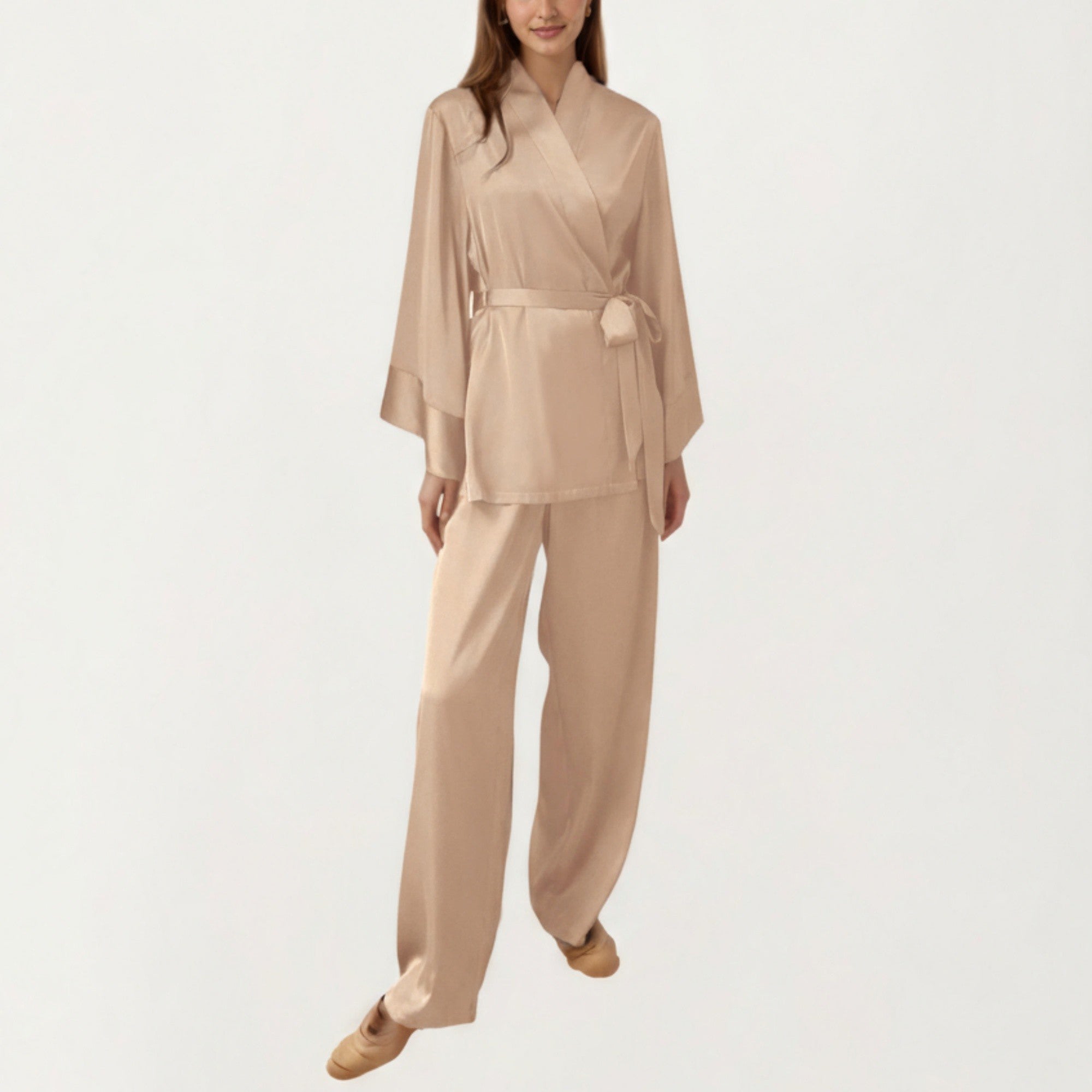 Anna-Kaci Women's 2-Piece Satin Pajama Set with Kimono Sleeve Wrap Top and Wide-Leg Pants