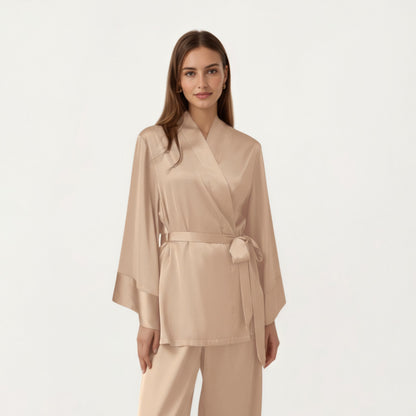 Anna-Kaci Women's 2-Piece Satin Pajama Set with Kimono Sleeve Wrap Top and Wide-Leg Pants