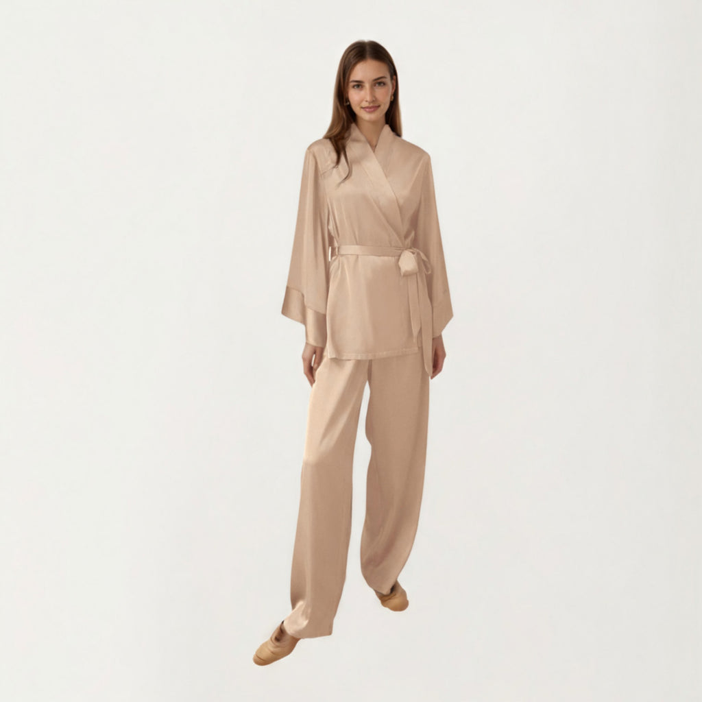 Anna-Kaci Women's 2-Piece Satin Pajama Set with Kimono Sleeve Wrap Top and Wide-Leg Pants