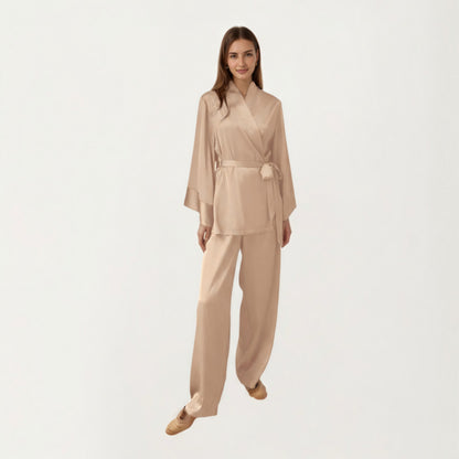 Anna-Kaci Women's 2-Piece Satin Pajama Set with Kimono Sleeve Wrap Top and Wide-Leg Pants