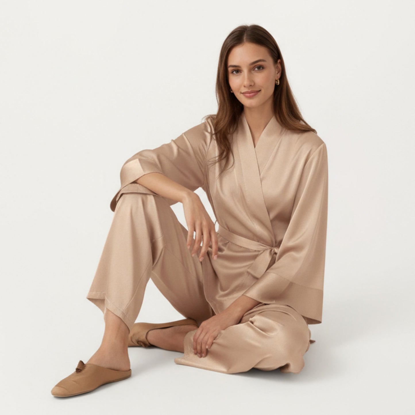 Anna-Kaci Women's 2-Piece Satin Pajama Set with Kimono Sleeve Wrap Top and Wide-Leg Pants