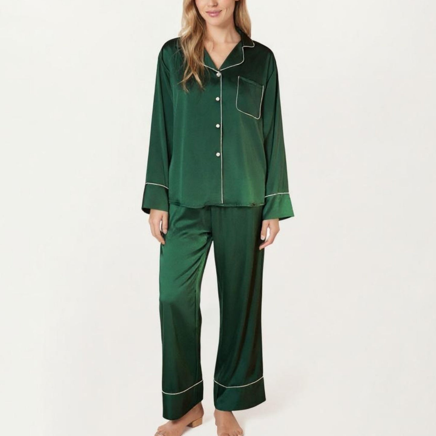 Anna-Kaci Women's 2-Piece Satin Pajama Set with Button-Down Long Sleeve Top and Piped Trim Wide-Leg Pants
