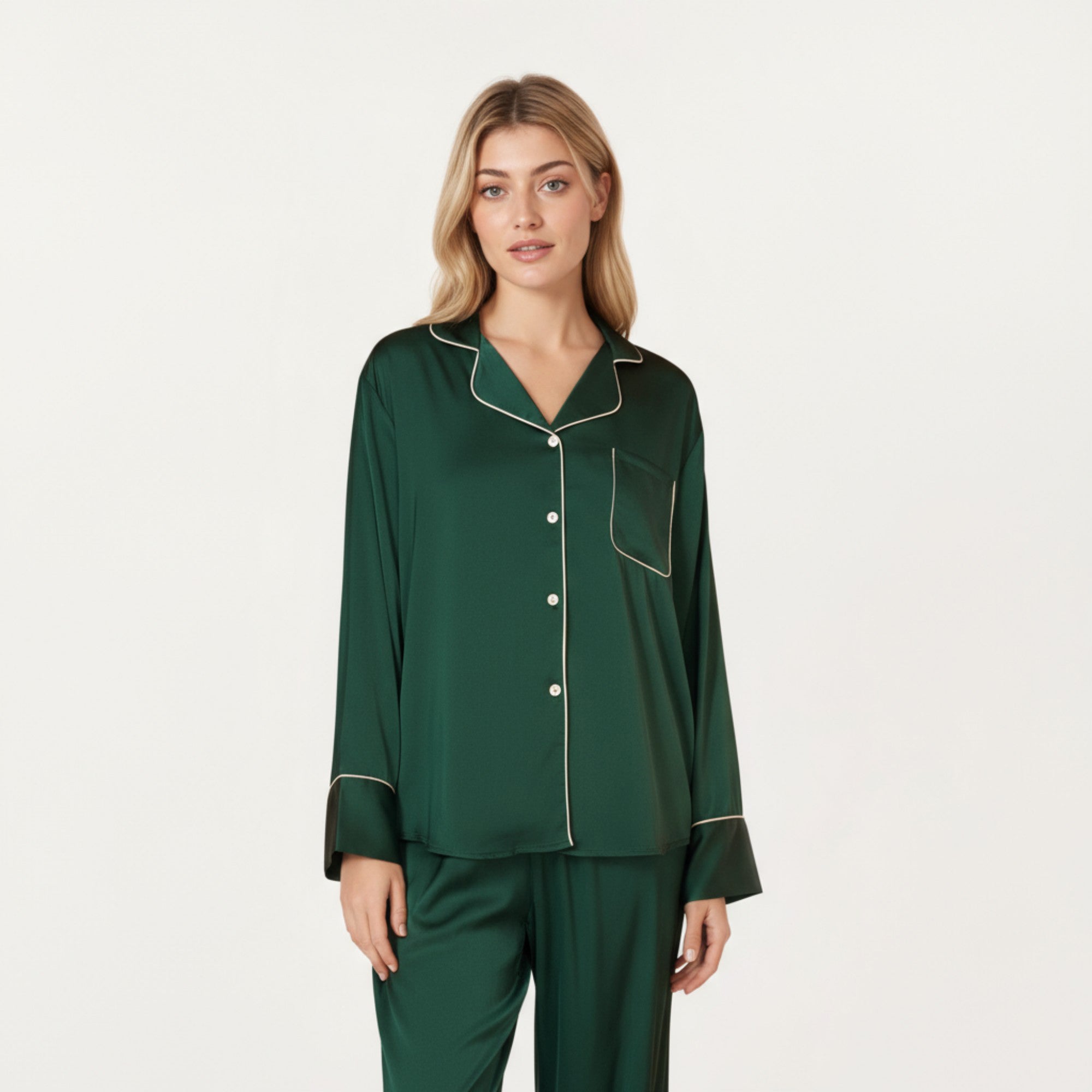 Anna-Kaci Women's 2-Piece Satin Pajama Set with Button-Down Long Sleeve Top and Piped Trim Wide-Leg Pants