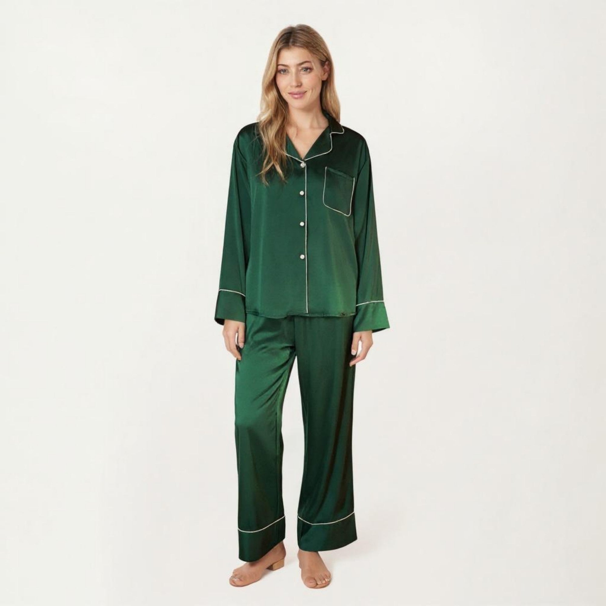 Anna-Kaci Women's 2-Piece Satin Pajama Set with Button-Down Long Sleeve Top and Piped Trim Wide-Leg Pants