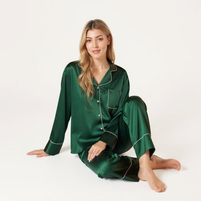 Anna-Kaci Women's 2-Piece Satin Pajama Set with Button-Down Long Sleeve Top and Piped Trim Wide-Leg Pants