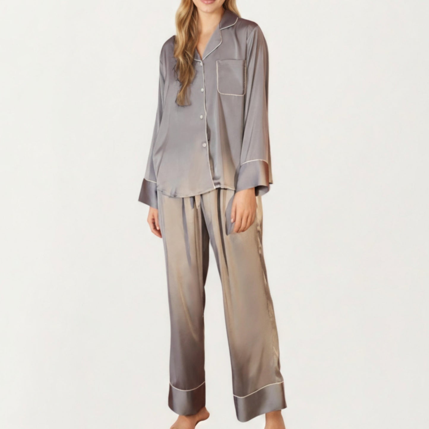Anna-Kaci Women's 2-Piece Satin Pajama Set with Button-Down Long Sleeve Top and Piped Trim Wide-Leg Pants