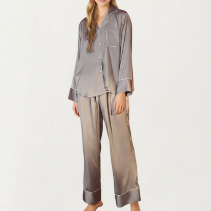 Anna-Kaci Women's 2-Piece Satin Pajama Set with Button-Down Long Sleeve Top and Piped Trim Wide-Leg Pants