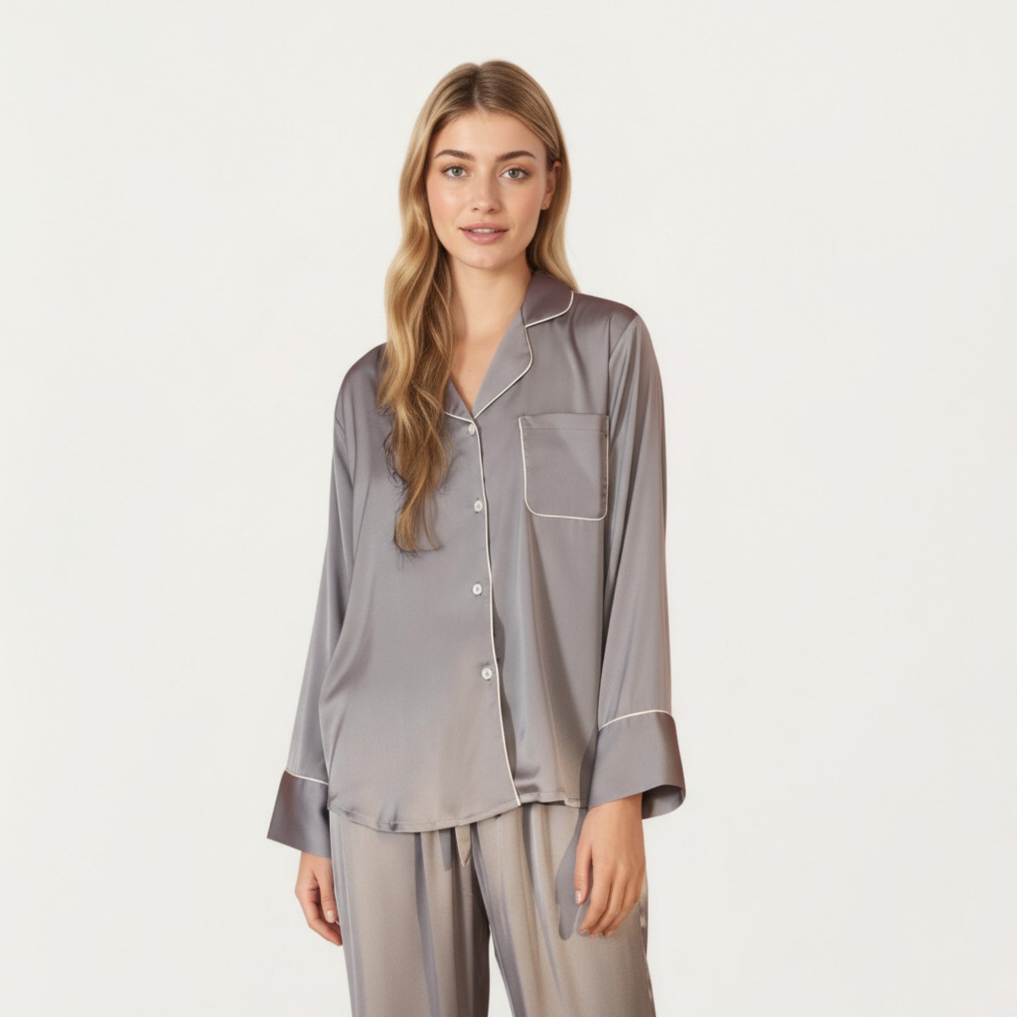 Anna-Kaci Women's 2-Piece Satin Pajama Set with Button-Down Long Sleeve Top and Piped Trim Wide-Leg Pants