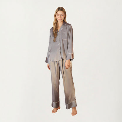 Anna-Kaci Women's 2-Piece Satin Pajama Set with Button-Down Long Sleeve Top and Piped Trim Wide-Leg Pants