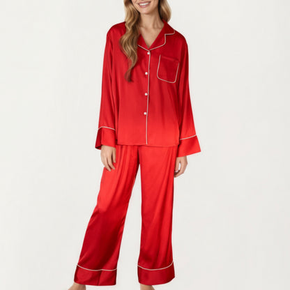 Anna-Kaci Women's 2-Piece Satin Pajama Set with Button-Down Long Sleeve Top and Piped Trim Wide-Leg Pants