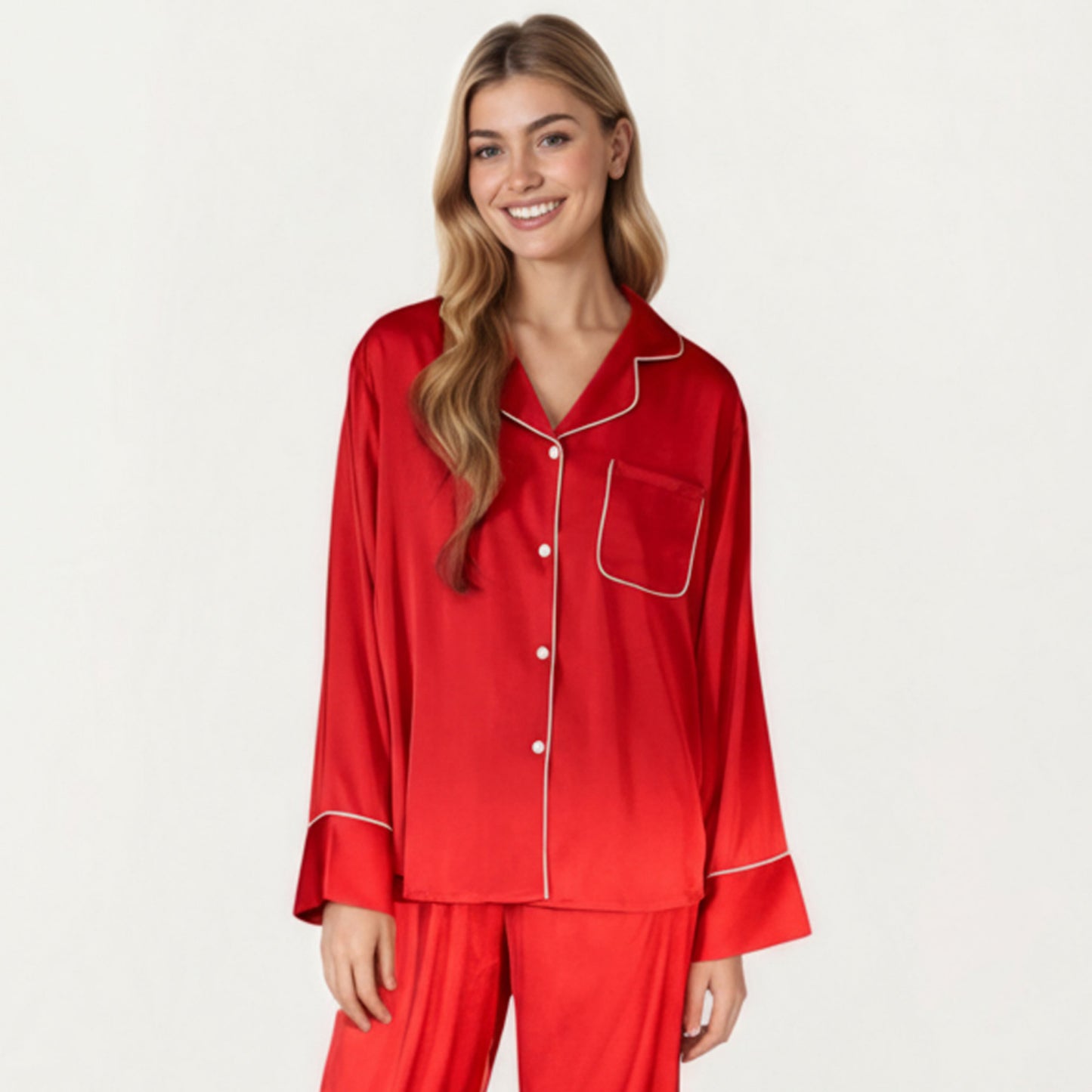 Anna-Kaci Women's 2-Piece Satin Pajama Set with Button-Down Long Sleeve Top and Piped Trim Wide-Leg Pants