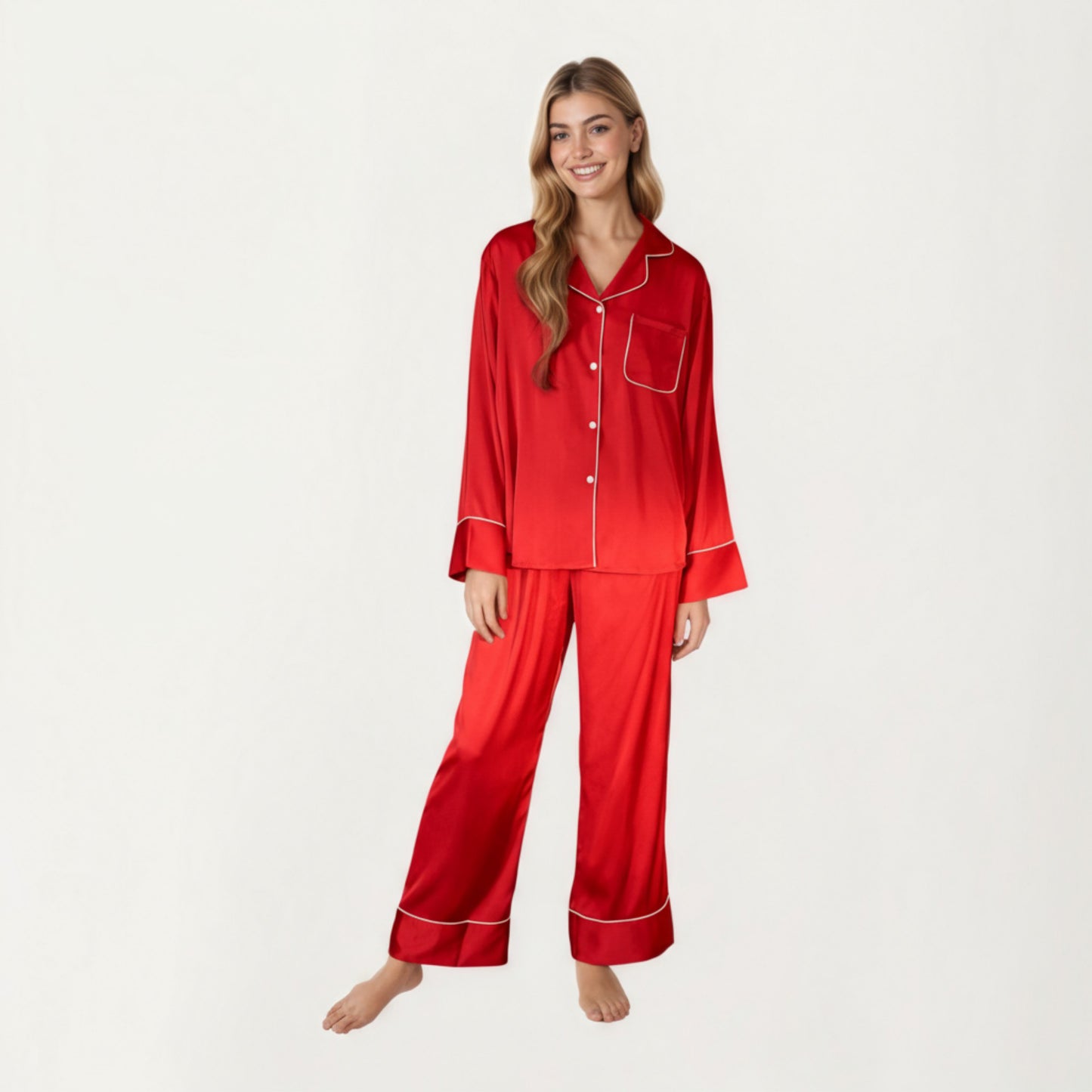 Anna-Kaci Women's 2-Piece Satin Pajama Set with Button-Down Long Sleeve Top and Piped Trim Wide-Leg Pants