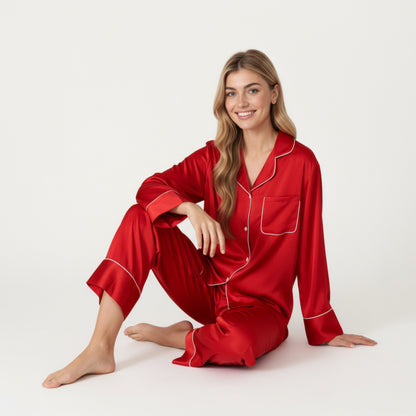 Anna-Kaci Women's 2-Piece Satin Pajama Set with Button-Down Long Sleeve Top and Piped Trim Wide-Leg Pants