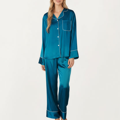 Anna-Kaci Women's 2-Piece Satin Pajama Set with Button-Down Long Sleeve Top and Piped Trim Wide-Leg Pants