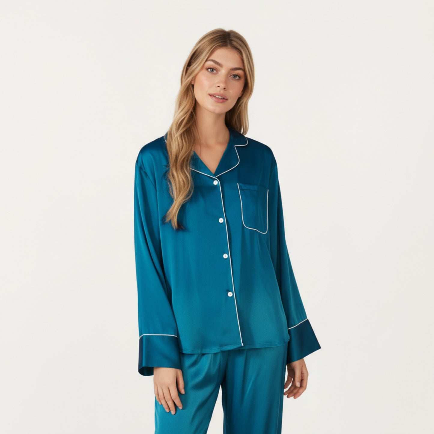 Anna-Kaci Women's 2-Piece Satin Pajama Set with Button-Down Long Sleeve Top and Piped Trim Wide-Leg Pants