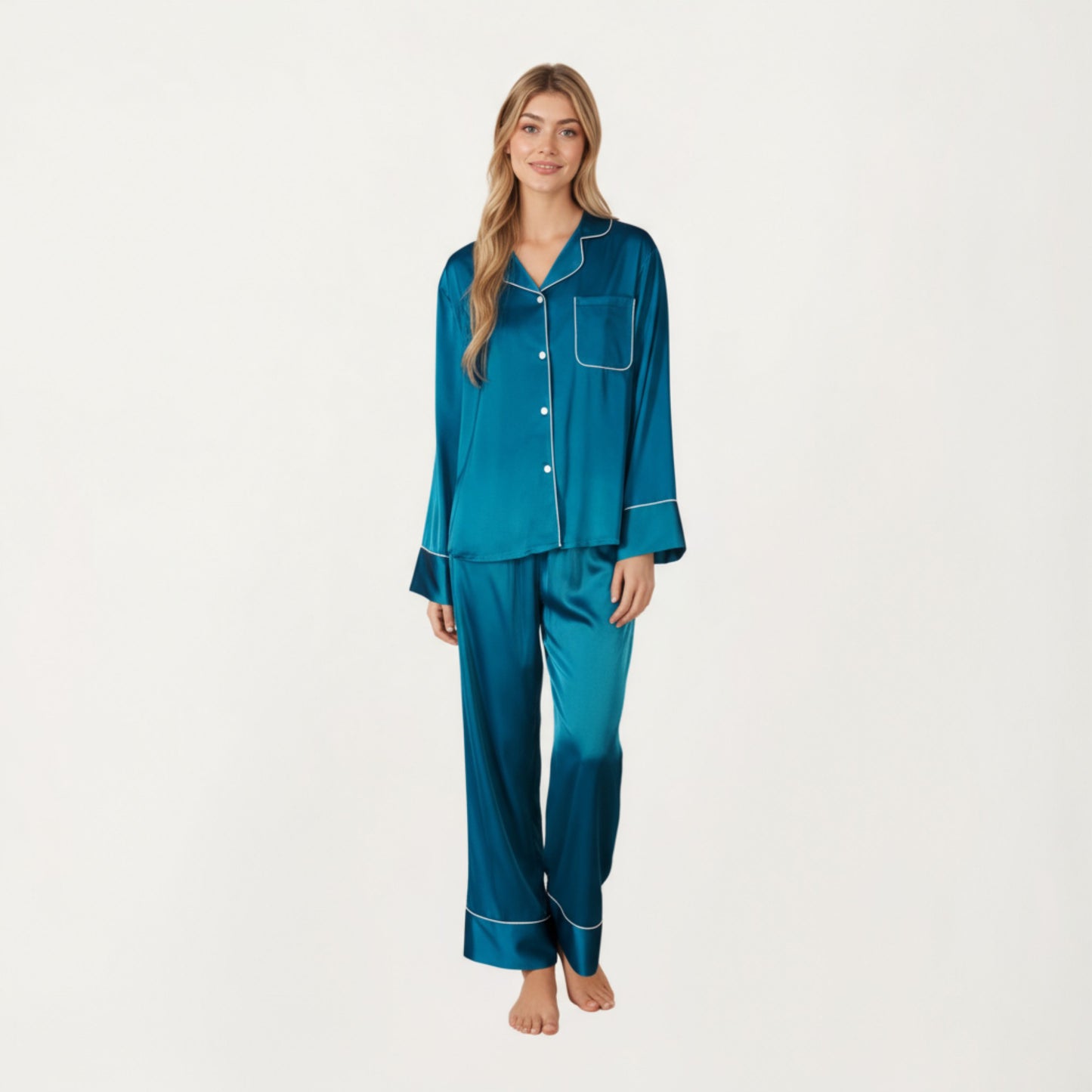 Anna-Kaci Women's 2-Piece Satin Pajama Set with Button-Down Long Sleeve Top and Piped Trim Wide-Leg Pants