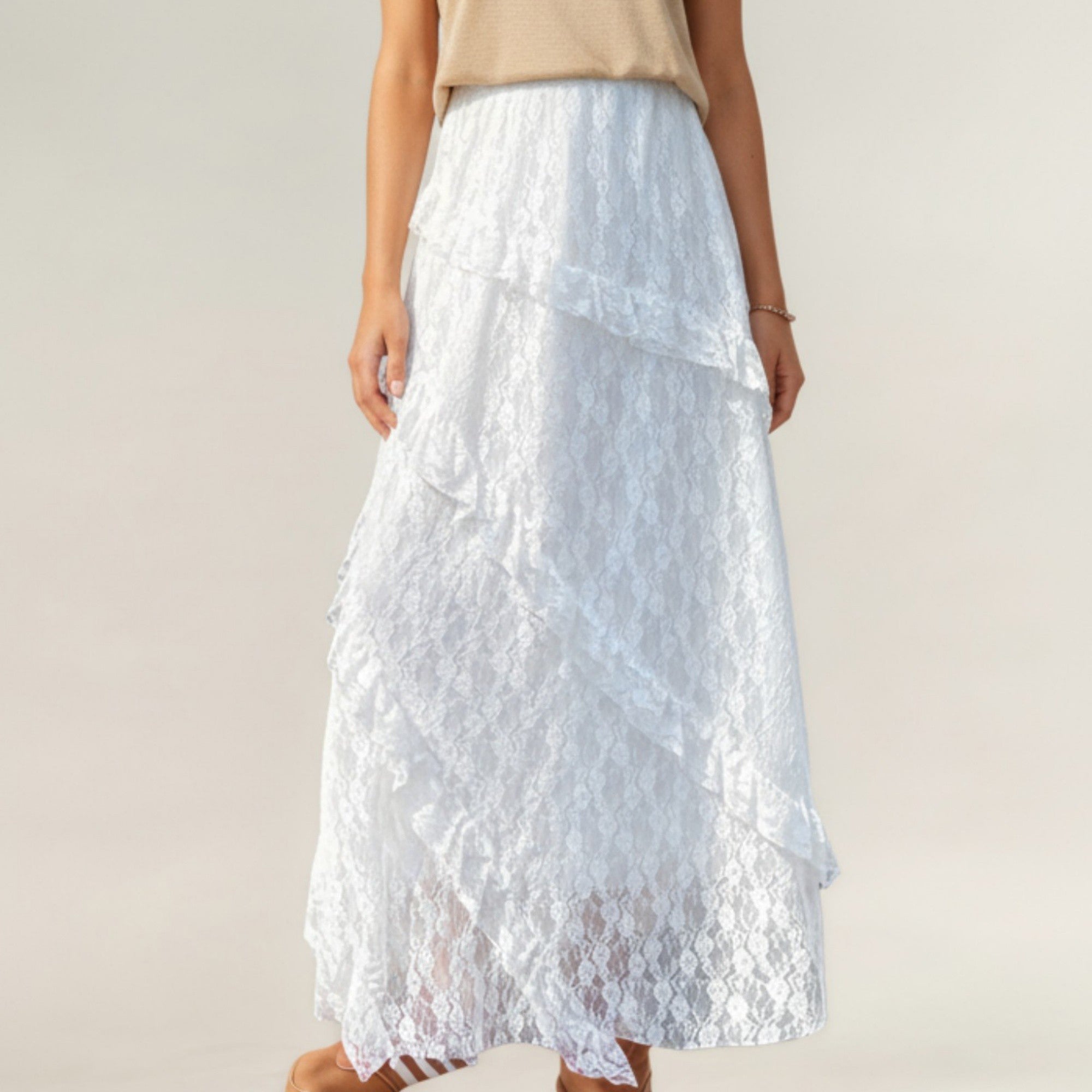 Anna-Kaci Women's High Waist Lace Maxi Skirt with Layered Ruffle Detail and Flowy A-Line Silhouette