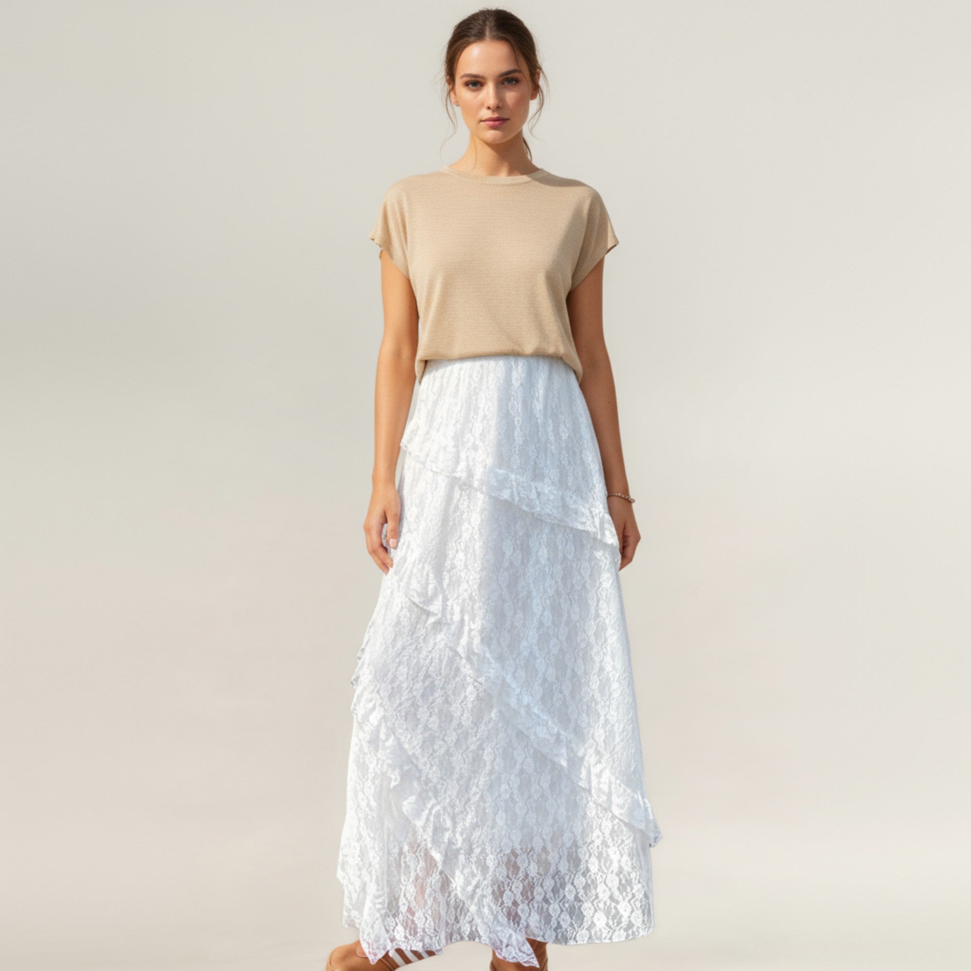 Anna-Kaci Women's High Waist Lace Maxi Skirt with Layered Ruffle Detail and Flowy A-Line Silhouette