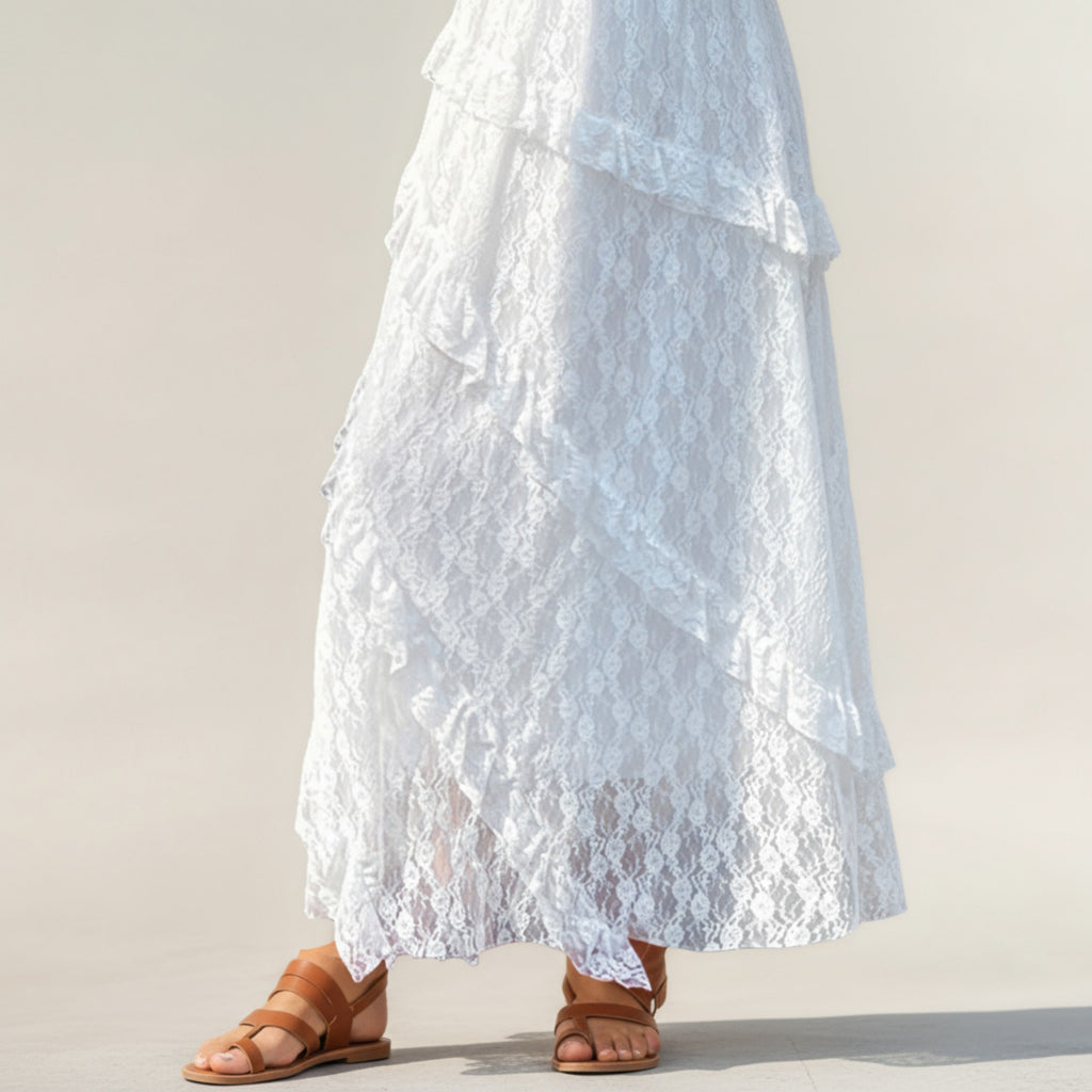 Anna-Kaci Women's High Waist Lace Maxi Skirt with Layered Ruffle Detail and Flowy A-Line Silhouette