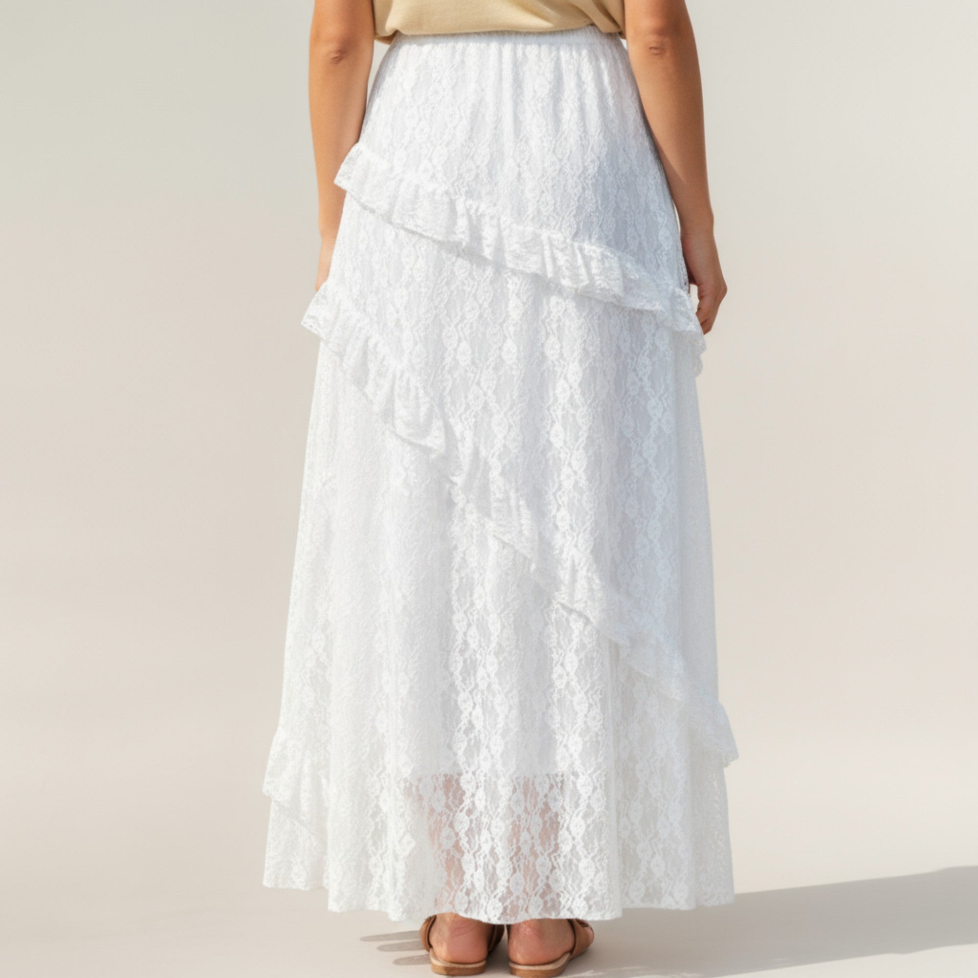 Anna-Kaci Women's High Waist Lace Maxi Skirt with Layered Ruffle Detail and Flowy A-Line Silhouette