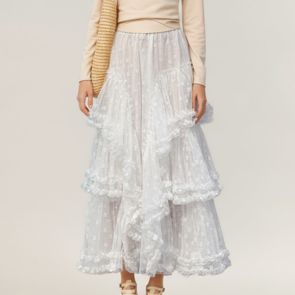 Anna-Kaci Women's Tiered Lace Maxi Skirt with Sheer Floral Embroidery and Ruffled Hem Layers