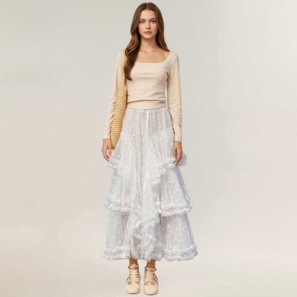 Anna-Kaci Women's Tiered Lace Maxi Skirt with Sheer Floral Embroidery and Ruffled Hem Layers