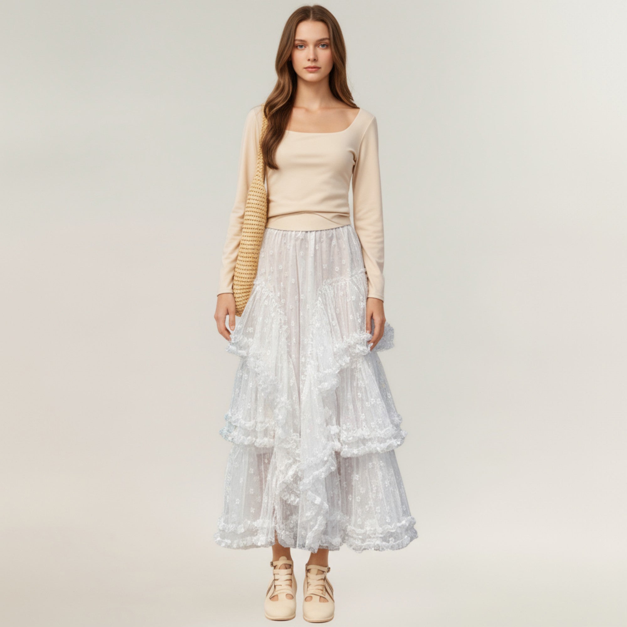Anna-Kaci Women's Tiered Lace Maxi Skirt with Sheer Floral Embroidery and Ruffled Hem Layers