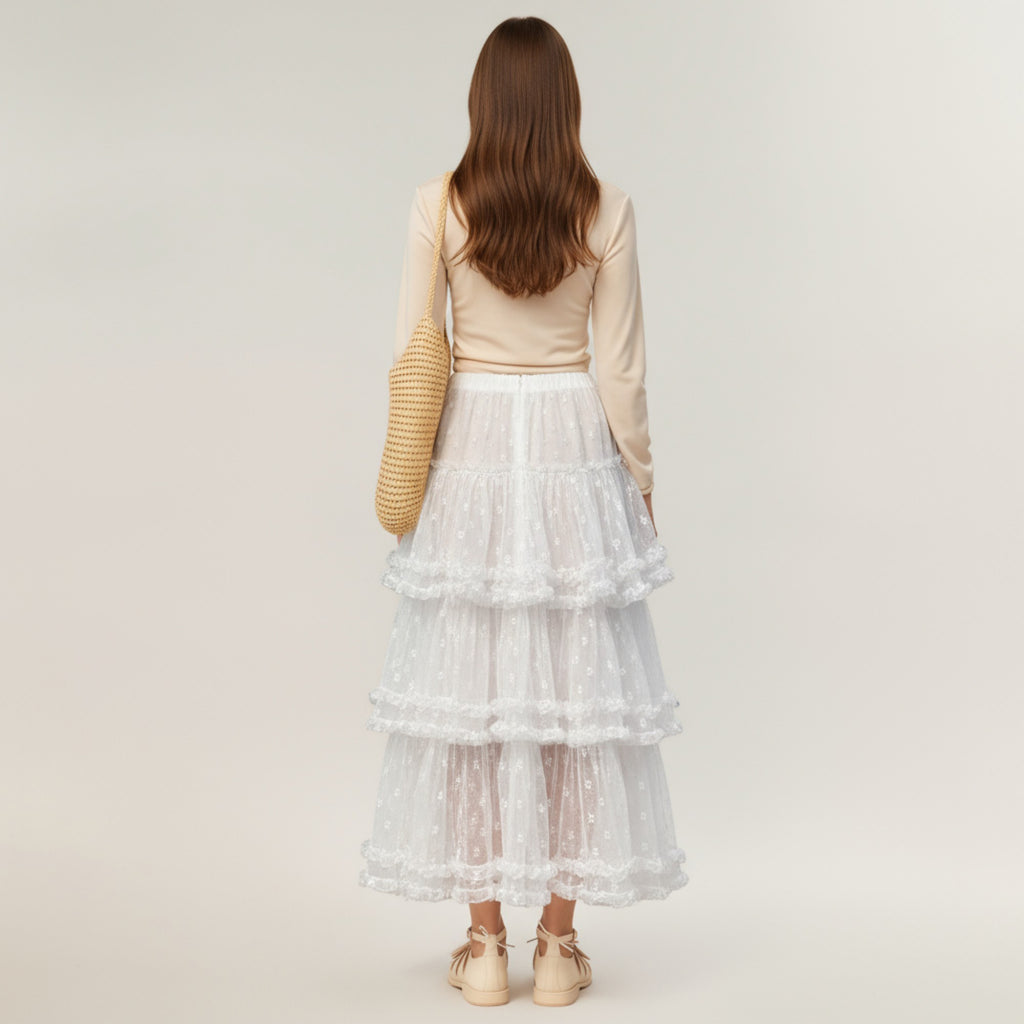 Anna-Kaci Women's Tiered Lace Maxi Skirt with Sheer Floral Embroidery and Ruffled Hem Layers