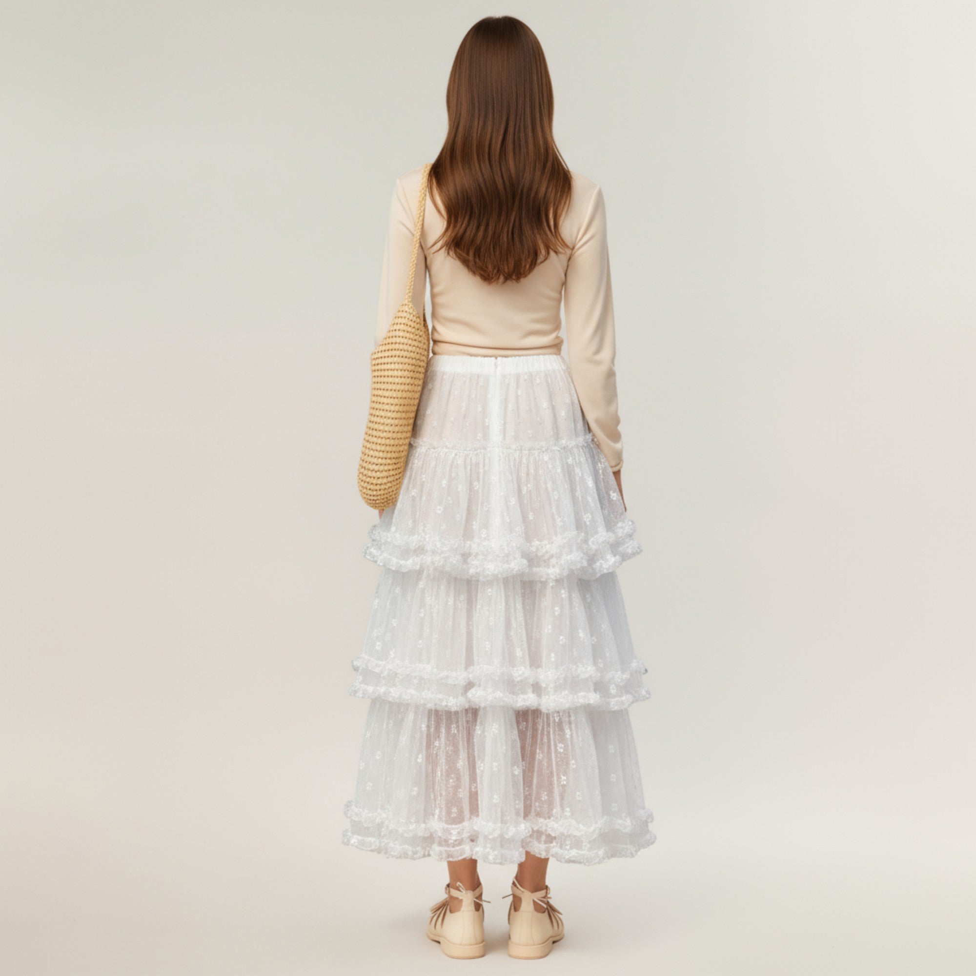 Anna-Kaci Women's Tiered Lace Maxi Skirt with Sheer Floral Embroidery and Ruffled Hem Layers