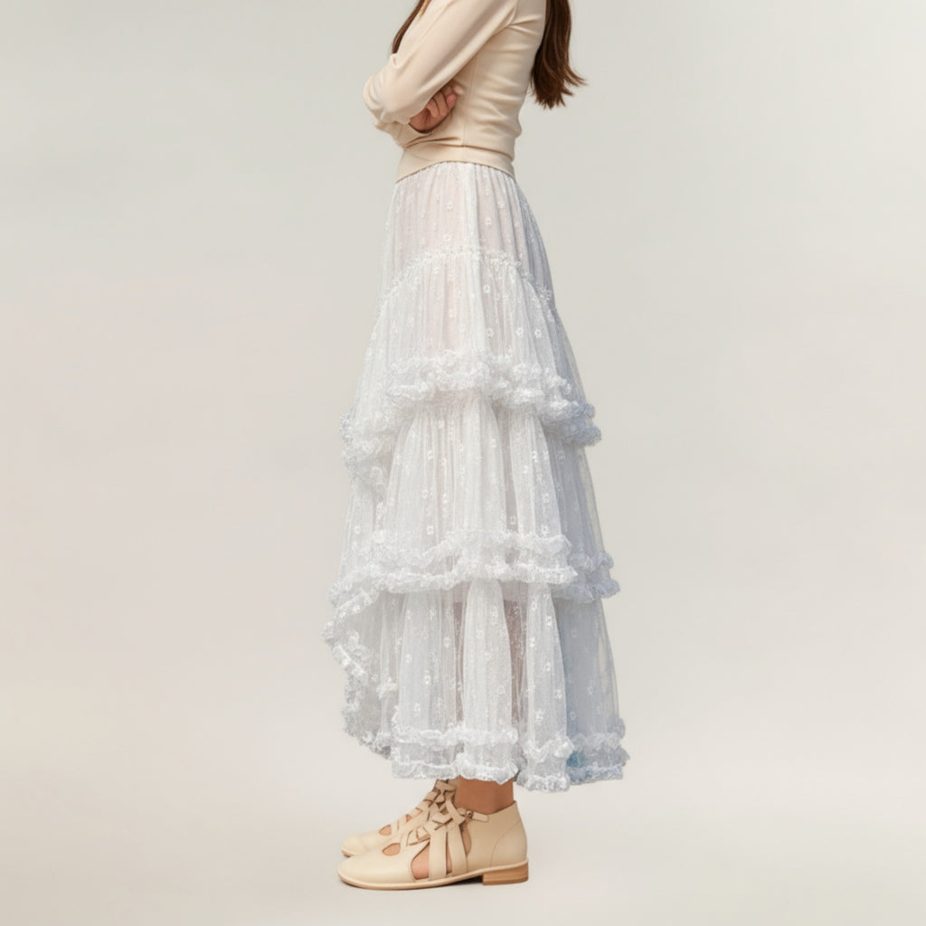Anna-Kaci Women's Tiered Lace Maxi Skirt with Sheer Floral Embroidery and Ruffled Hem Layers